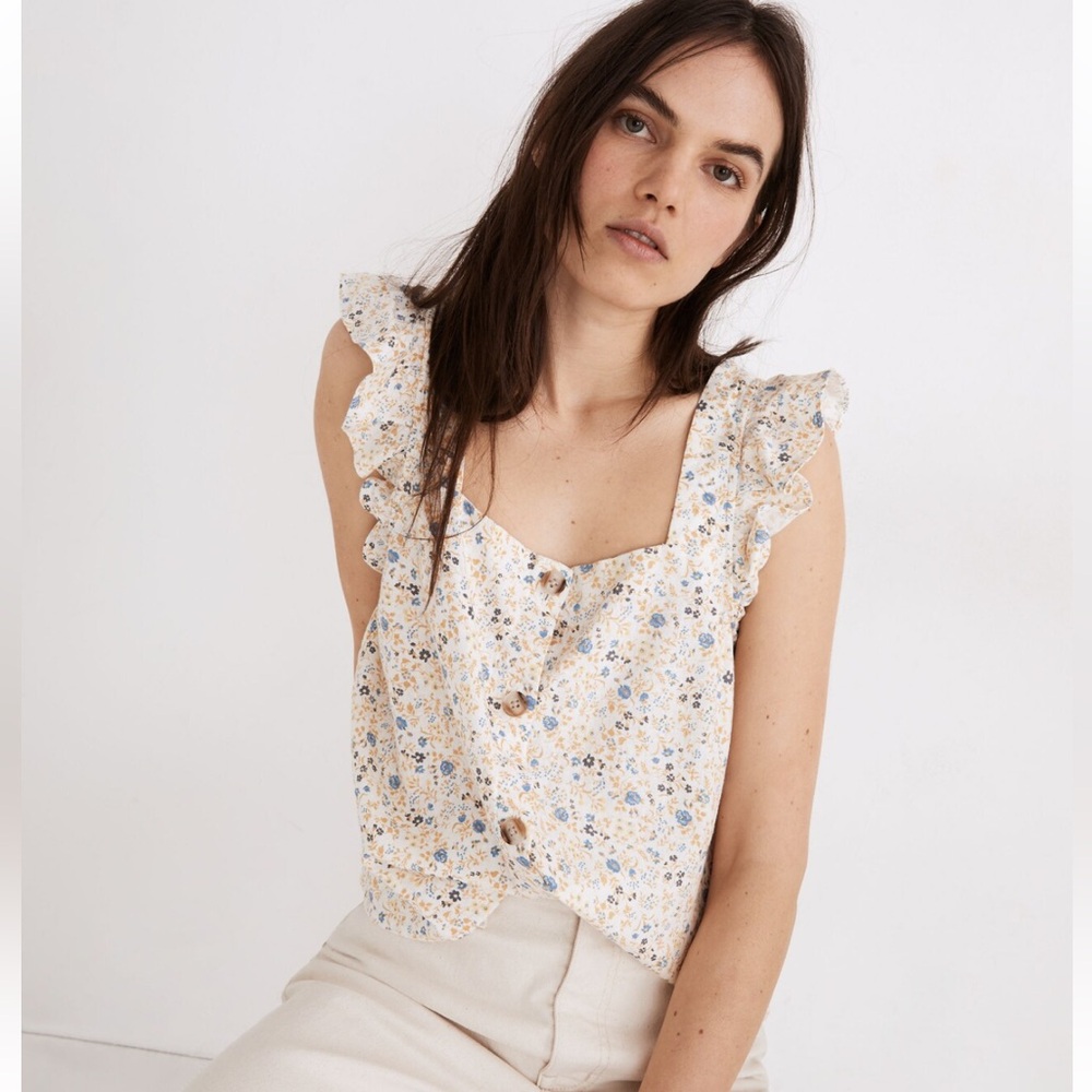 Madewell Linen-Blend Ruffle-Strap Button-Up Tank Top in Folkmagic Floral